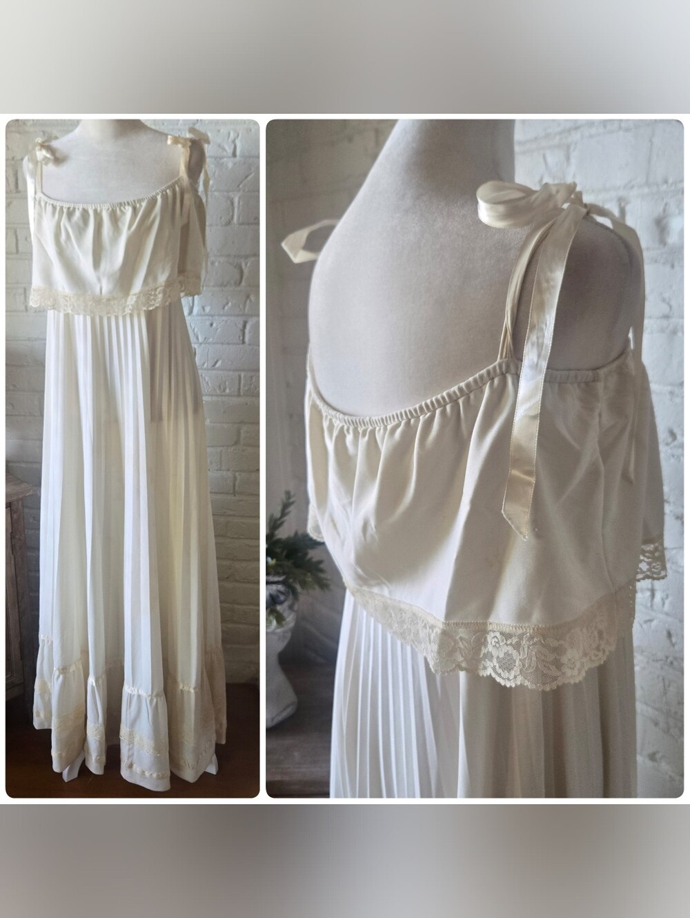 Vtg 70s Ivory Maxi Dress, Ruffle, Lace Trim, Tie Shoulder, S/M, Party, Bridal